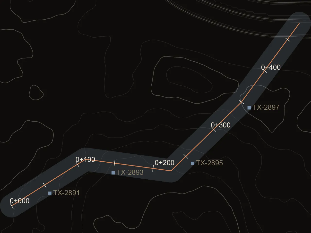 Corridor plan with chainage every 50 metres and asset markers, over contours